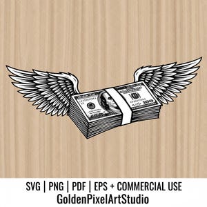 Può includere: Illustrazione in bianco e nero di una pila di banconote da 100 dollari con ali d'angelo. Le banconote sono assicurate con una fascia bianca. Il testo "SVG | PNG | PDF | EPS + COMMERCIAL USE GoldenPixelArtStudio."