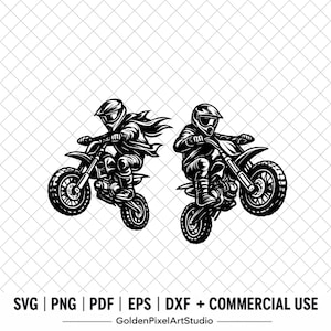 Op de afbeelding: Twee zwart-wit illustraties van motorcrossers op crossmotoren. De rijders dragen helmen en beschermende kleding. De afbeelding bevat de tekst "SVG | PNG | PDF | EPS | DXF + COMMERCIAL USE" en "GoldenPixelArtStudio".