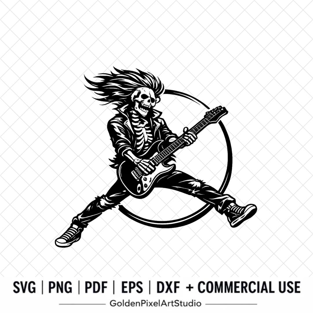 Punk Rocker Skeleton Vector Punk Rock Skeleton Guitarist SVG, Heavy Metal Rocker Design (digital ...