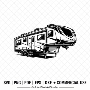 May include: Black and white illustration of a recreational vehicle (RV). The RV has multiple windows, a door, and a set of steps. The image includes the text "SVG | PNG | PDF | EPS | DXF + COMMERCIAL USE" and "GoldenPixelArtStudio".