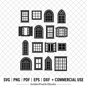 Pode incluir: Uma coleção de ícones de janelas em preto e branco com vários estilos arquitetônicos, incluindo janelas arqueadas, retangulares e salientes. O texto na parte inferior diz SVG | PNG | PDF | EPS | DXF + COMMERCIAL USE e GoldenPixelArtStudio.