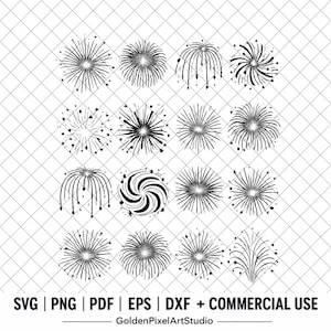May include: A digital collection of sixteen black and white firework illustrations arranged in a grid. Each graphic features unique radial line patterns, bursts, and swirling designs. The text at the bottom reads SVG | PNG | PDF | EPS | DXF + COMMERCIAL USE GoldenPixelArtStudio.