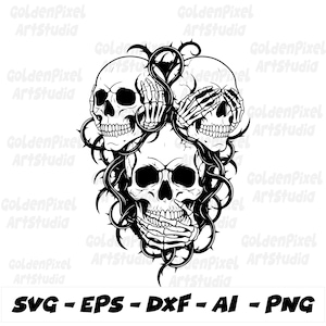 Op de afbeelding: Zwart-wit afbeelding van drie schedels verweven met doornige ranken. Eén schedel bedekt zijn mond met een skeletachtige hand, een andere bedekt zijn ogen en de derde schedel is open. Tekst onderaan: "SVG - EPS - DXF - AI - PNG".