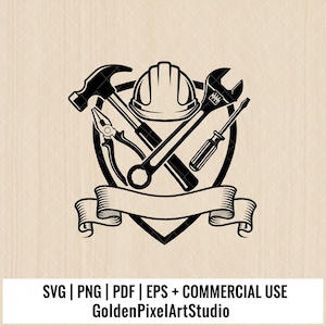 Peut inclure: Graphique noir et blanc d'outils de construction. Un marteau, une clé, un tournevis, une pince et un casque sont disposés dans un emblème en forme de cœur avec une bannière. Le texte "SVG | PNG | PDF | EPS + COMMERCIAL USE GoldenPixelArtStudio" est en bas.