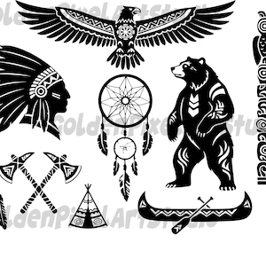 May include: Black and white illustrations with a Native American theme. Features an eagle, a headdress, a bear, a dreamcatcher, crossed tomahawks, a teepee, a canoe with paddles, and a totem pole.