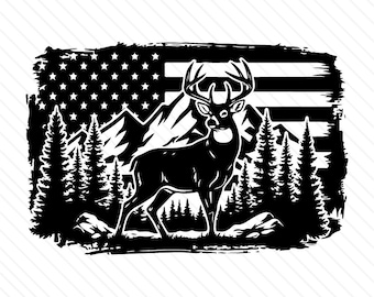 Hirsch-Jagdszene SVG, beunruhigte amerikanische Flagge, Waldschnittdatei