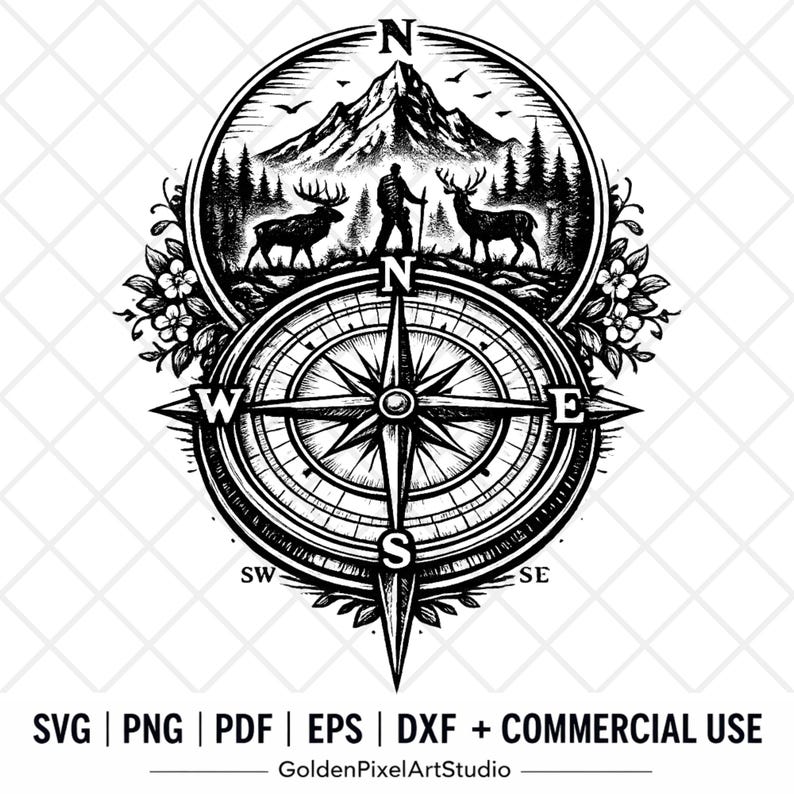Compus With Deer Vintage Compass SVG, Outdoor Adventure Clipart, Hunter Deer Graphic ...