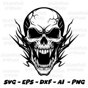 May include: A black and white illustration of a skull with sharp teeth and flames. The skull has cracks on the top and is surrounded by flame-like shapes. The image includes the text "SVG - EPS - DXF - AI - PNG".