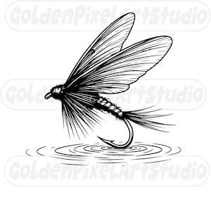 May include: Black and white illustration of a fishing fly with detailed wings, body, and hook. The fly is positioned above concentric water ripples, suggesting it is floating on the water's surface. The image is a line drawing.
