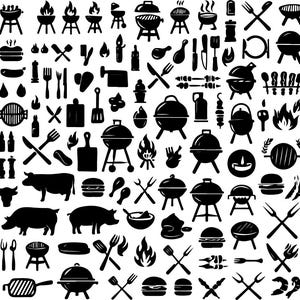 May include: A collection of black and white illustrations related to grilling and barbecue. The image includes various types of grills, flames, utensils, and food items such as burgers, steaks, and chicken legs. The design is a flat, graphic style.