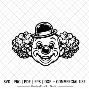 May include: Black and white illustration of a smiling clown's face. The clown has a round, black nose, a bowler hat, and large, curly hair. The image includes the text "SVG | PNG | PDF | EPS | DXF + COMMERCIAL USE" and the GoldenPixelArtStudio logo.