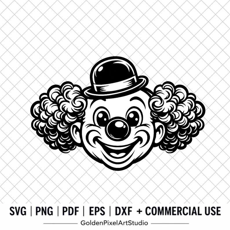 May include: Black and white illustration of a smiling clown's face. The clown has a round, black nose, a bowler hat, and large, curly hair. The image includes the text "SVG | PNG | PDF | EPS | DXF + COMMERCIAL USE" and the GoldenPixelArtStudio logo.