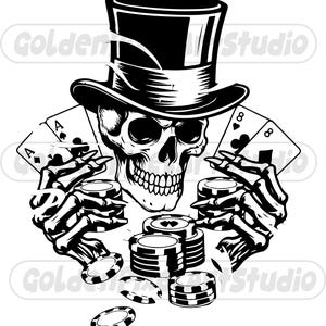 Pode incluir: Ilustração em preto e branco de uma caveira usando uma cartola, segurando cartas de baralho e fichas de pôquer. As cartas mostram um Ás de Espadas e um Ás de Ouros, e um Oito de Paus e um Oito de Ouros. A imagem tem o texto "Golden Art Studio".