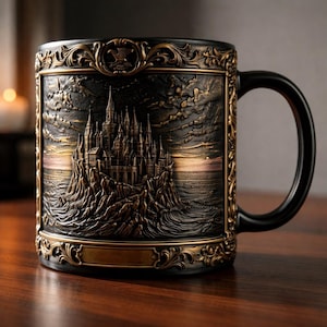 Gothic Castle Coffee Mug: Dark Academia Decor, Crescent Moon, Black Roses