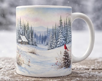 Mug pin enneigé hiver forêt tasse à café avec pommes de pin vacances en céramique 15 oz verres