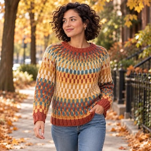 May include: A long-sleeved knit sweater featuring a multi-colored geometric pattern in shades of mustard yellow, teal, cream, and burnt orange. The garment has a round neckline and ribbed cuffs and hem, paired with light blue denim jeans.