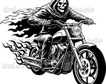 Grim Reaper Motorcycle SVG, Clipart z czaszką motocyklisty, Grafika wektorowa (PNG)