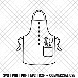 May include: A black and white line art illustration of a kitchen apron featuring a central vertical row of five circular buttons, a single front pocket containing a whisk and a spoon, and side ties. The text SVG | PNG | PDF | EPS | DXF + COMMERCIAL USE is below.