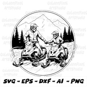 May include: Black and white illustration of two people riding snowmobiles, holding hands, in a mountain landscape. The image is framed by a circle with the text "GoldenPixel Artstudia" and file type options: SVG, EPS, DXF, AI, PNG.