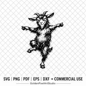 May include: A black and white graphic illustration of a goat standing on one leg with arms outstretched. The goat has horns, pointed ears, and a smiling expression. Below the image, the text reads: SVG | PNG | PDF | EPS | DXF + COMMERCIAL USE GoldenPixelArtStudio.