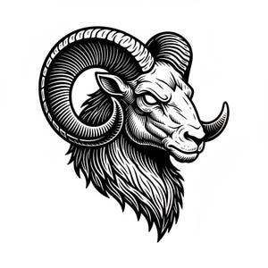 Può includere: Illustrazione dettagliata in bianco e nero della testa di un ariete. L'ariete ha grandi corna ricurve, una folta barba e un'espressione intensa. L'opera è realizzata in uno stile inciso dettagliato, con particolare attenzione alla consistenza e all'ombreggiatura.