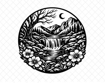 自然風景、滝のシーン、山と川のクリップアート（デジタルダウンロード）
