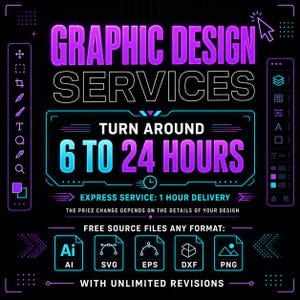 Könnte beinhalten: Werbung für Grafikdesign-Dienstleistungen auf schwarzem Hintergrund. Der Text "GRAPHIC DESIGN SERVICES" ist in Lila und Weiß gehalten. Er hebt eine Bearbeitungszeit von 6 bis 24 Stunden hervor, mit einem Express-Service von 1 Stunde Lieferung. Enthält Dateiformat-Symbole.