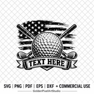 Könnte beinhalten: Eine schwarz-weiße grafische Illustration mit einem Golfball, der vor zwei gekreuzten Golfschlägern zentriert ist. Hinter den Schlägern befindet sich ein abgenutztes Design der amerikanischen Flagge. Ein Banner unten enthält den Text TEXT HERE.