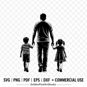 May include: A black and white digital illustration showing a tall figure walking while holding the hands of a smaller child in a striped shirt and shorts on the left, and a child in a dress on the right. Text at the bottom reads SVG PNG PDF EPS DXF + COMMERCIAL USE GoldenPixelArtStudio.