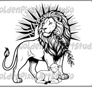 May include: Black and white illustration of a lion with a radiant halo, holding a sprig of leaves, and a lamb lying at its feet. The lion is the central figure, with detailed fur and a regal pose. The lamb is peaceful.