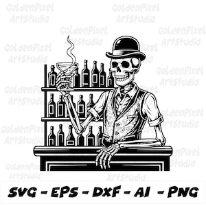 May include: Black and white illustration of a skeleton bartender holding a cocktail glass. The skeleton wears a vest and bowler hat, standing behind a bar with bottles. The image includes the text "SVG - EPS - DXF - AI - PNG".