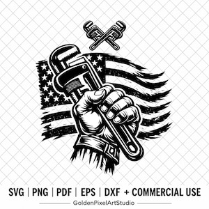 May include: A black and white graphic illustration featuring a clenched fist holding a large pipe wrench, positioned in front of a waving American flag. Above the hand, two smaller pipe wrenches are crossed in an X shape. The design is high contrast.