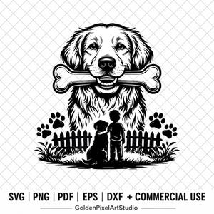 May include: A black and white graphic illustration featuring a large dog head holding a bone in its mouth, positioned above a smaller dog and a child standing by a picket fence with paw prints on either side. Text reads SVG PNG PDF EPS.