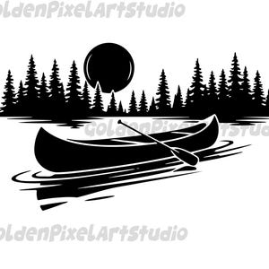 May include: Black and white illustration of a canoe on a lake with a forest and a sun in the background. The canoe has a paddle and is floating on the water. The forest is made up of tall pine trees.