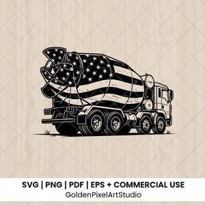 May include: Black and white illustration of a cement mixer truck. The mixer drum features a design of the American flag. The truck has multiple wheels and is set against a light background. The text "SVG | PNG | PDF | EPS + COMMERCIAL USE" is at the bottom.