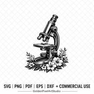 May include: Black and white illustration of a microscope with floral accents. The microscope is detailed with lenses, a stage, and a curved arm. White flowers and leaves surround the base. The image includes the text "SVG | PNG | PDF | EPS | DXF + COMMERCIAL USE".
