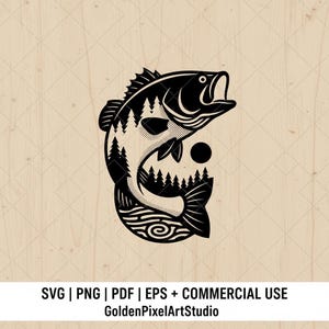 May include: Black and white graphic of a bass fish with a forest and a circle incorporated into the design. The fish is open-mouthed, with a detailed fin and tail. The image includes the text "SVG | PNG | PDF | EPS + COMMERCIAL USE" and "GoldenPixelArtStudio".