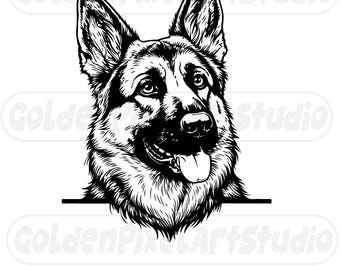 Puede incluir: Ilustración en blanco y negro de la cabeza de un perro pastor alemán. El perro tiene la lengua fuera y la imagen tiene un estilo de diseño gráfico limpio. El pelaje del perro es detallado.