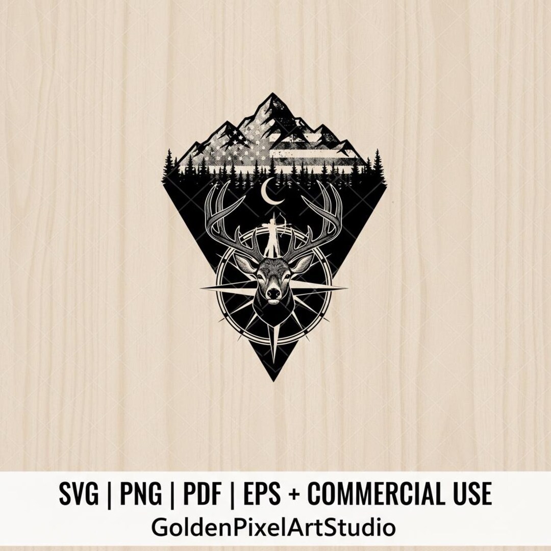 Compus With Deer Deer Hunting Compass SVG, Antler Stencil, T-shirt Design (dxf, Png, Eps ...