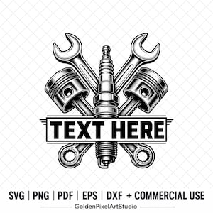 Pode incluir: Design gráfico em preto e branco com tema mecânico, com chaves cruzadas, pistões e uma vela de ignição. Uma faixa central diz "TEXT HERE". Adequado para uso comercial.