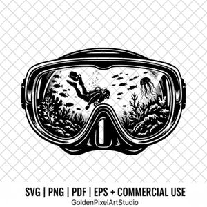 Peut inclure: Illustration en noir et blanc d'un masque de plongée avec un plongeur, des poissons et du corail à l'intérieur. Le masque a un cadre large et une pièce nasale centrale. Le texte en bas indique : SVG | PNG | PDF | EPS + COMMERCIAL USE.