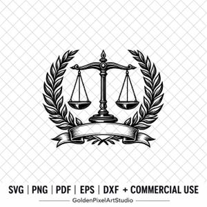 May include: A monochrome image of the Scales of Justice, a legal symbol. The scales are surrounded by a laurel wreath and a banner. The image includes the text "SVG | PNG | PDF | EPS | DXF + COMMERCIAL USE".