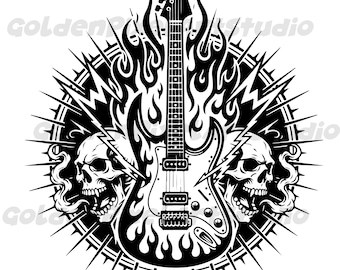 Rock Guitar Flames SVG, Electric Guitar Tattoo Clipart (Digital Print)