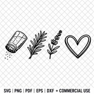 May include: A black and white line art graphic featuring a tilted salt shaker with falling grains, a sprig of rosemary, a sprig of lavender, and a heart outline. The text at the bottom reads SVG | PNG | PDF | EPS | DXF + COMMERCIAL USE.