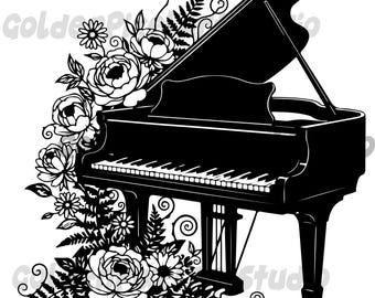 Floral Piano SVG, Grand Piano Silhouette, Musician ClipArt (Digital Download)