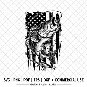May include: A black and white digital graphic illustration featuring a largemouth bass fish jumping out of the water with a fishing lure in its mouth, set against a distressed American flag background with stars and stripes.