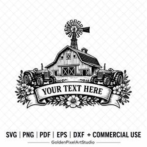 Può includere: Un'illustrazione grafica in bianco e nero raffigurante un fienile con un mulino a vento, affiancato da due trattori. Un banner centrale con il testo YOUR TEXT HERE è circondato da accenti floreali. Include i formati SVG, PNG, PDF, EPS, DXF.