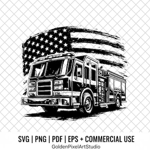 Fire Truck SVG, American Flag Graphic, Firefighter Shirt Design (PNG/SVG)