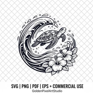May include: A monochrome illustration featuring a sea turtle riding a wave, accompanied by hibiscus flowers. The image includes the text "SVG | PNG | PDF | EPS + COMMERCIAL USE" and "GoldenPixelArtStudio".