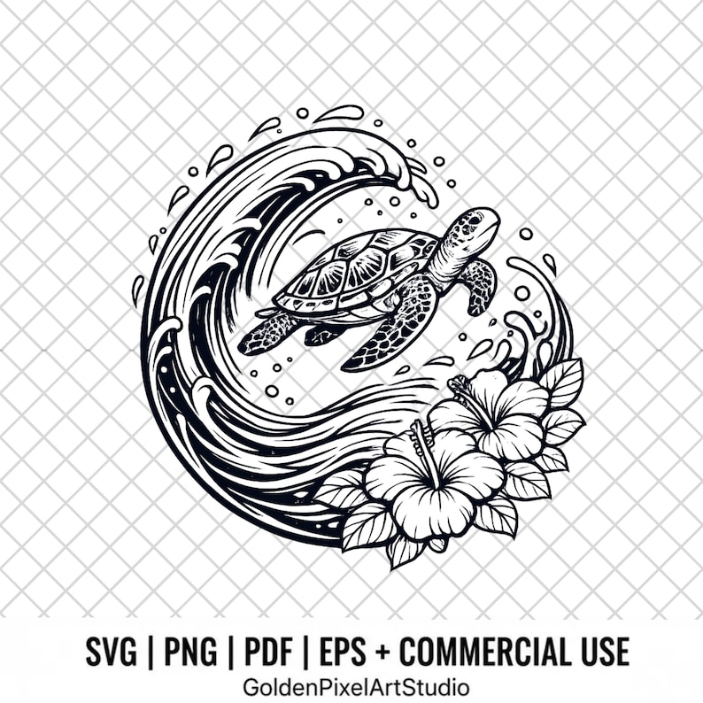 Turtle Riding The Wave Svg Sea Turtle Wave Flower SVG (digital Download) - Etsy